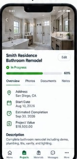 Project Tracker screen with photo updates and documents